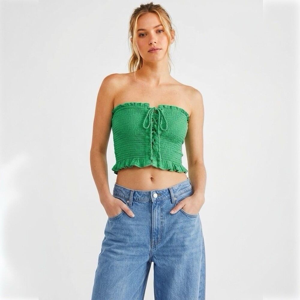 American Eagle Tube Top Green XS Smocked Lace Up Corset Ruffle Crop Coquette Y2k